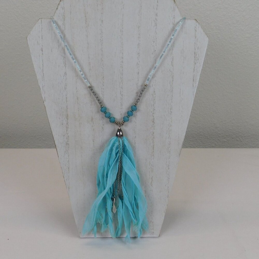 Cato C1946 Blue Silver Beaded Necklace Hanging Tassel Fringe Pendants 27" Long